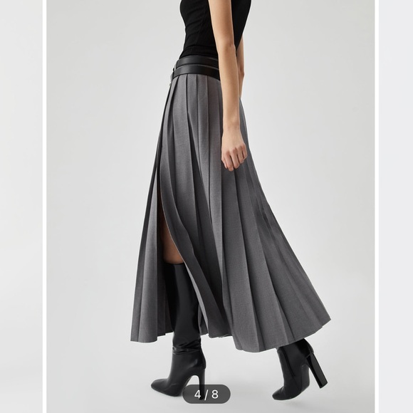 NWT COMMENSE Grey Pleated A-Line Maxi Skirt with High Slit size Small - Picture 4 of 12